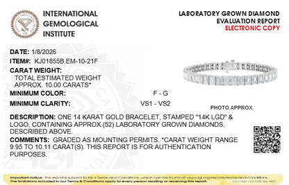 IGI Certified 14K White Gold 10.0 Cttw Emerald Cut Lab Grown Diamond Tennis Bracelet  DestGlow