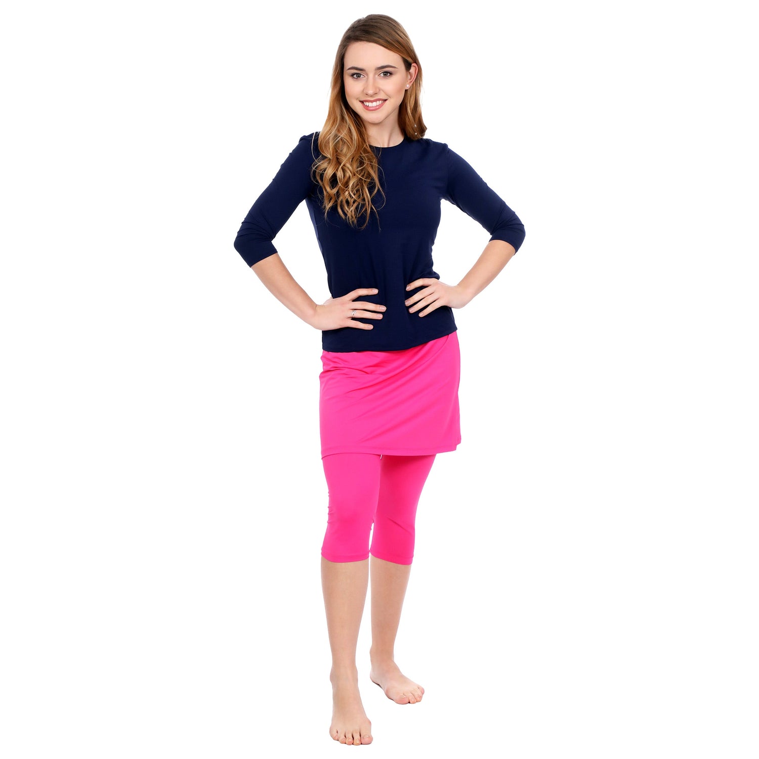 High-Neck Modest 3/4 Sleeve Swim Shirt with UV50 Protection by Kosher Casual USA