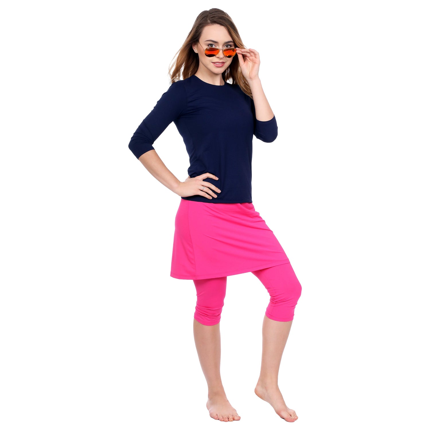 High-Neck Modest 3/4 Sleeve Swim Shirt with UV50 Protection by Kosher Casual USA