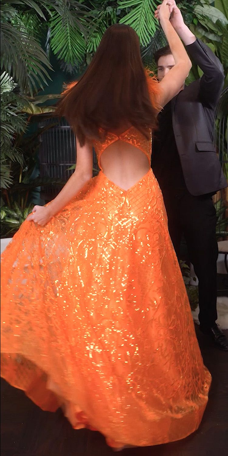Ladivine KV1076 Floor Length Neon Orange Ball Gown with Feathers by DiscountDressShop