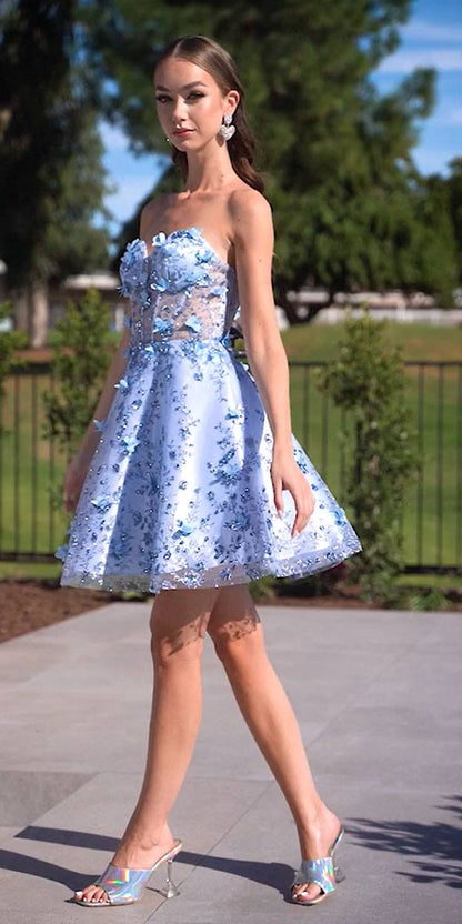 Ladivine KV1089 Short Floral Strapless A-Line Dress with Puff Sleeves by DiscountDressShop