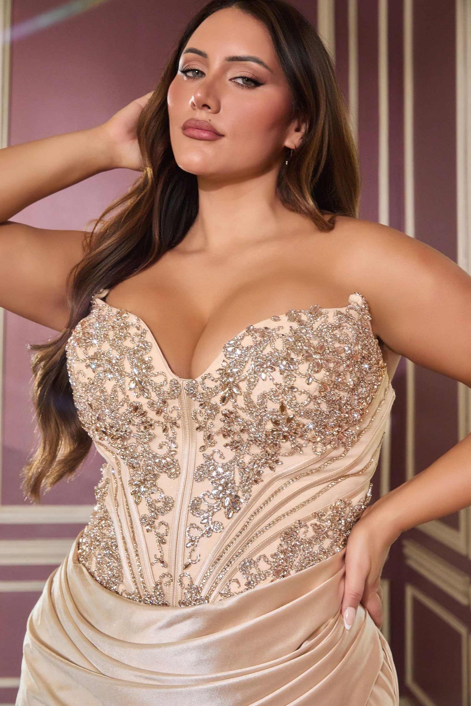 Ladivine KV1136C Strapless Sweetheart Draped Satin Fitted Plus Size Gown by DiscountDressShop