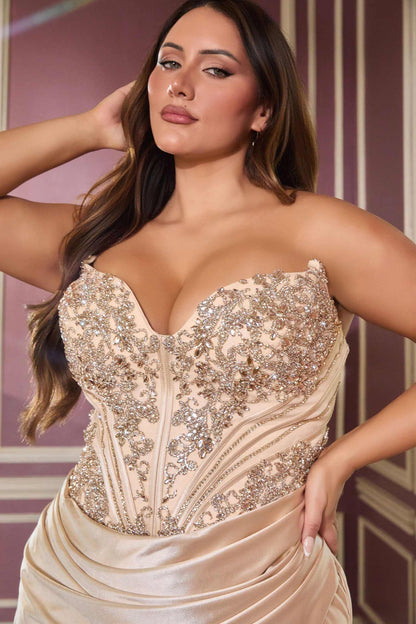 Ladivine KV1136C Strapless Sweetheart Draped Satin Fitted Plus Size Gown by DiscountDressShop