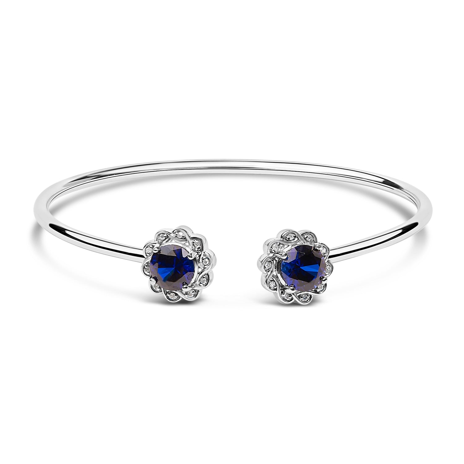 Sterling Silver Diamond Accent Created Blue Sapphire Floral Design Bangle Bracelet by Bids.com