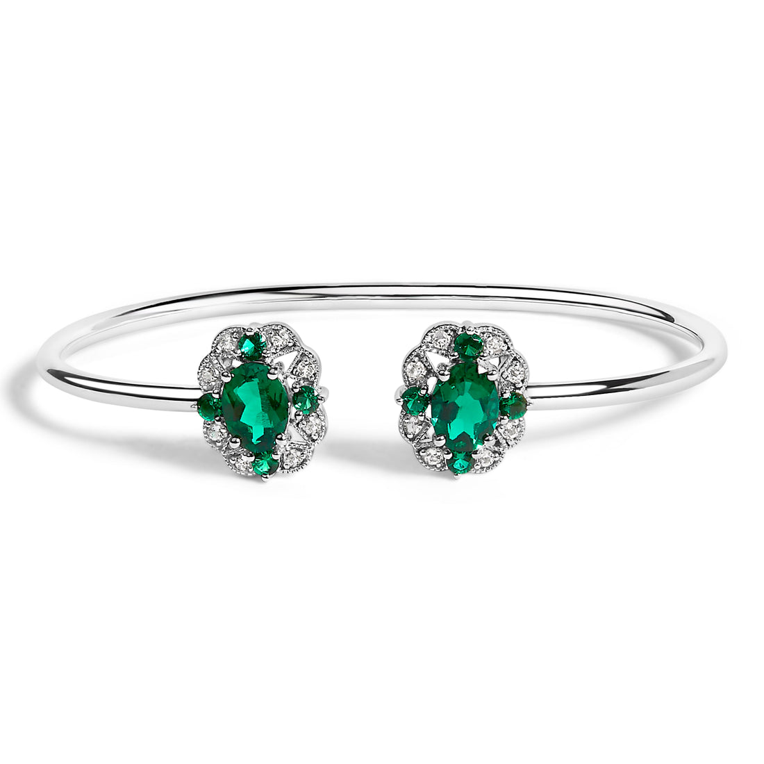 Sterling Silver White Topaz and Green Emerald Floral Bangle Bracelet 6.5 Inch by Bids.com