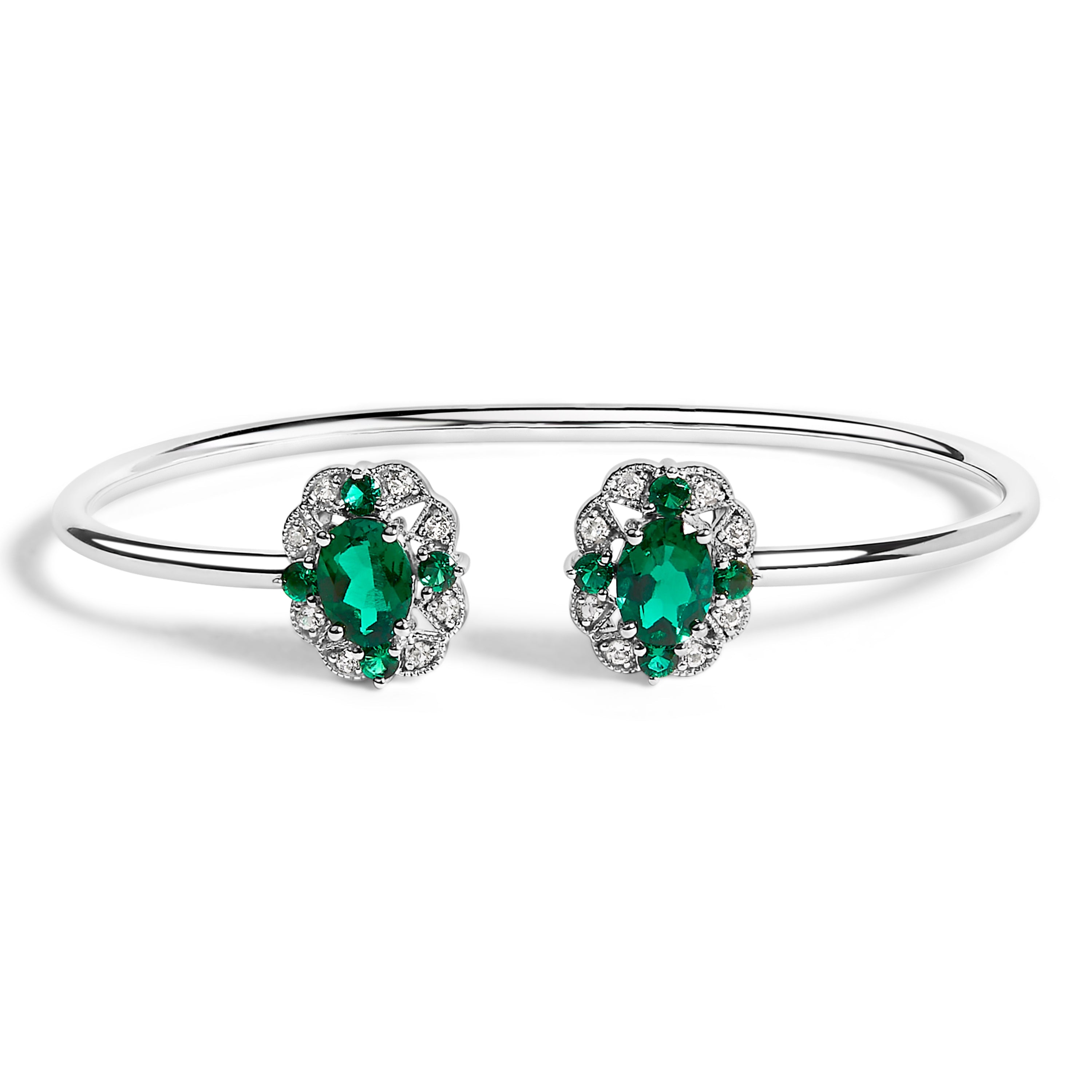 Sterling Silver White Topaz and Green Emerald Floral Bangle Bracelet 6.5 Inch by Bids.com