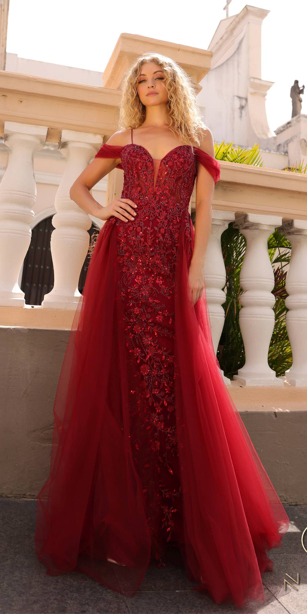 Nox Anabel L1362 Long Cold Shoulder Applique Tulle Overskirt Gown by DiscountDressShop