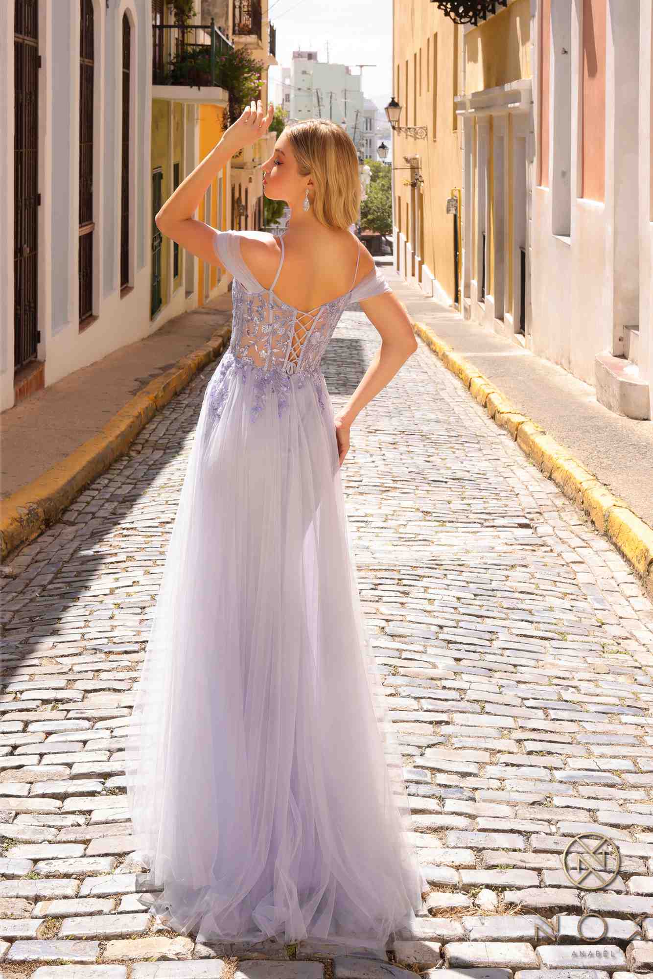 Nox Anabel L1362 Long Cold Shoulder Applique Tulle Overskirt Gown by DiscountDressShop