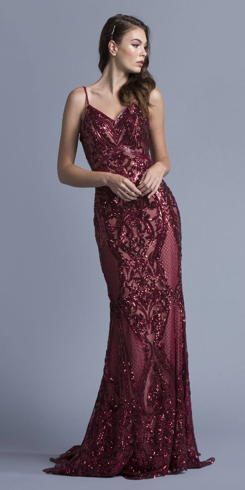 CLEARANCE - Aspeed L1982 Long Sequins Navy Blue Evening Gown V-Neck (Size XS) by DiscountDressShop