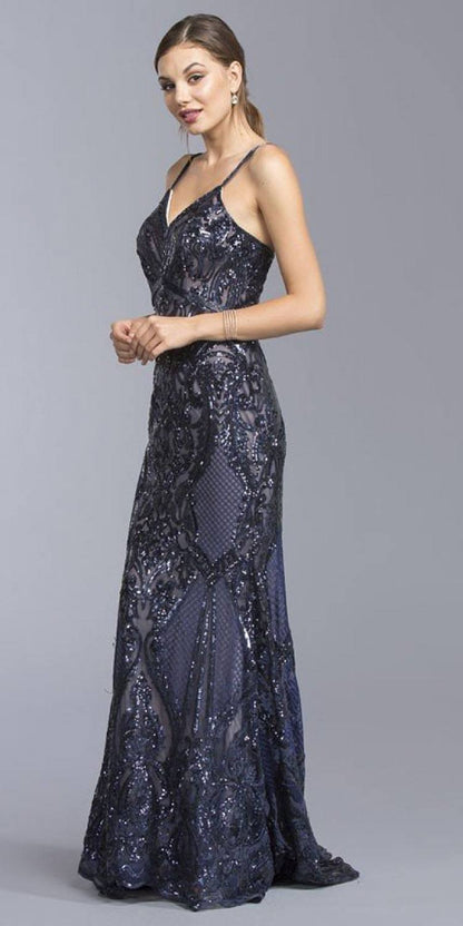 CLEARANCE - Aspeed L1982 Long Sequins Navy Blue Evening Gown V-Neck (Size XS) by DiscountDressShop
