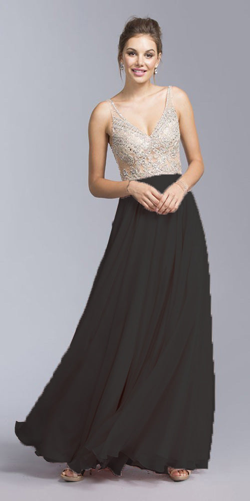 CLEARANCE - Aspeed USA 2055 Illusion Bodice Beaded Long Dress V-Neck (Size XXS) by DiscountDressShop