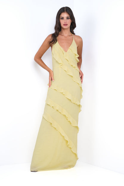 Remi Yellow Maxi Dress - Halter Neck, Open Back &amp; Ruffle Detail