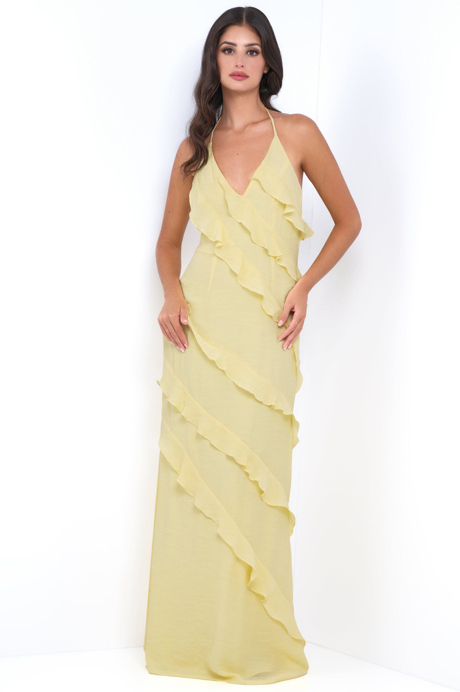 Remi Yellow Maxi Dress - Halter Neck, Open Back &amp; Ruffle Detail