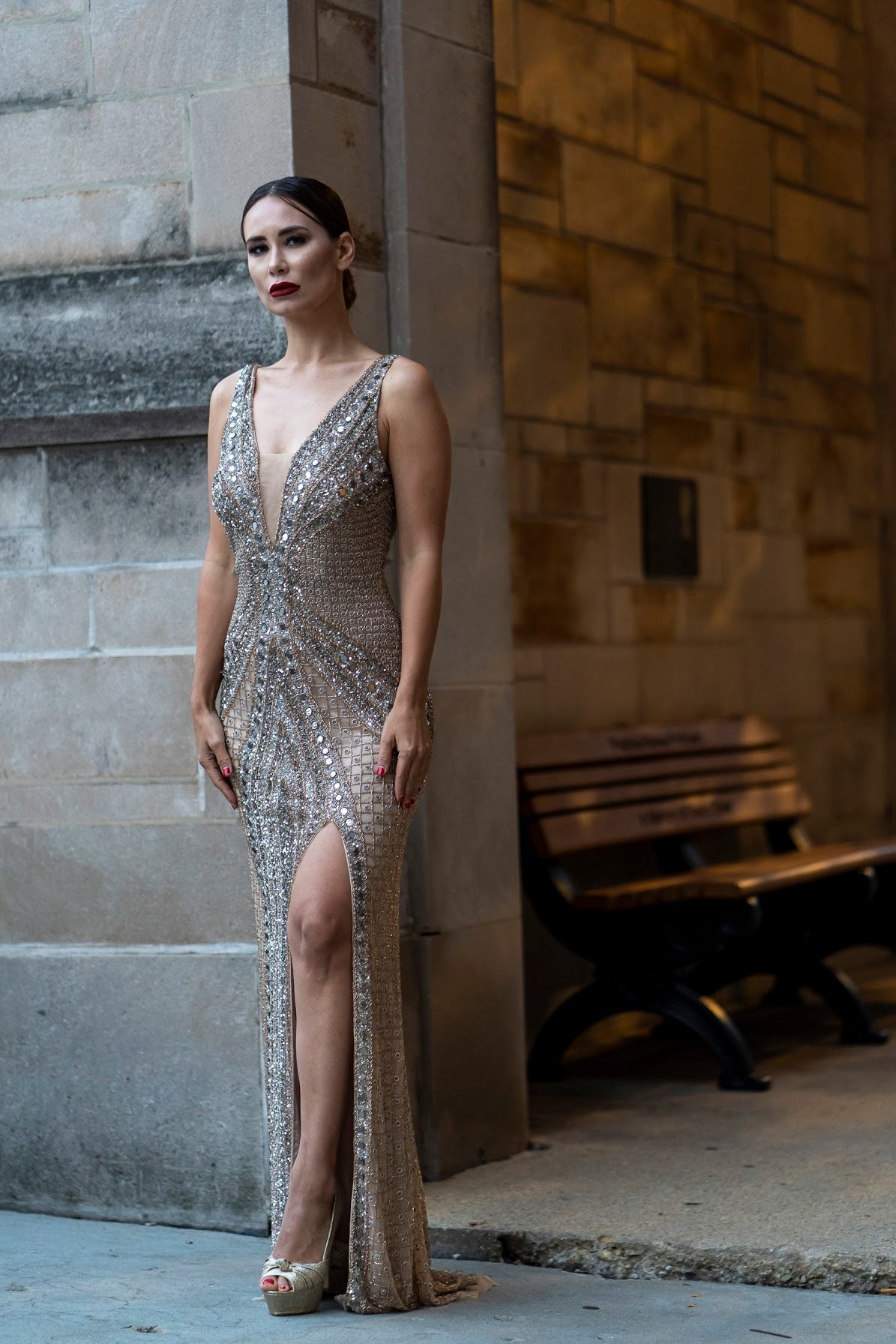 Lara 29499 - Embellished Long Dress with Thigh High Slit by Lara New York