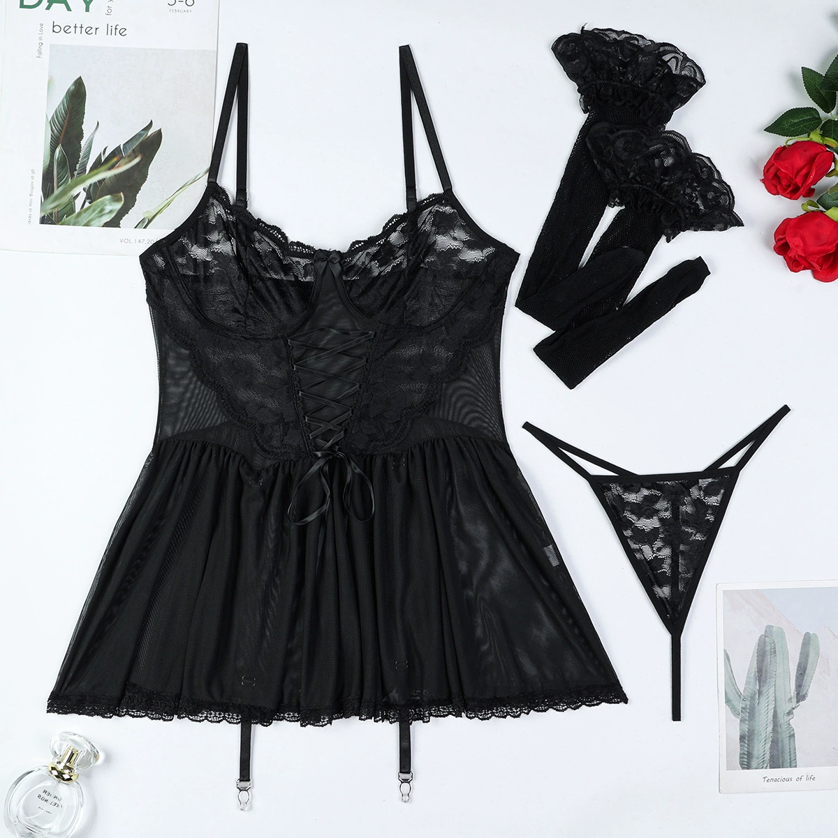 Celeste Black Babydoll 3 Piece Lingerie Set