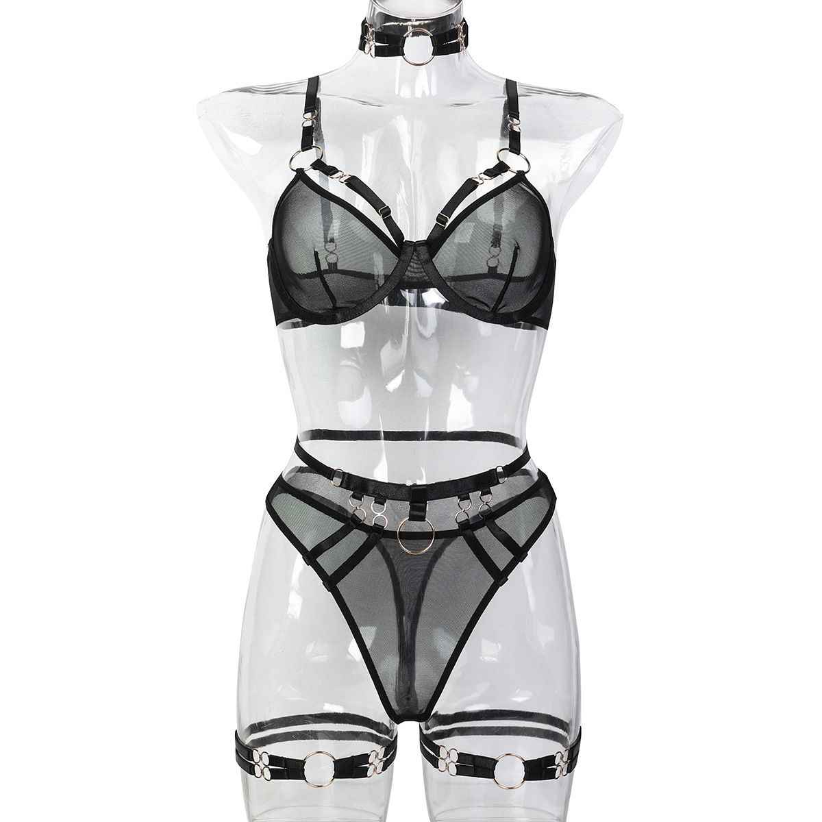 Obsession Strapped 4 Piece Black Lingerie Set