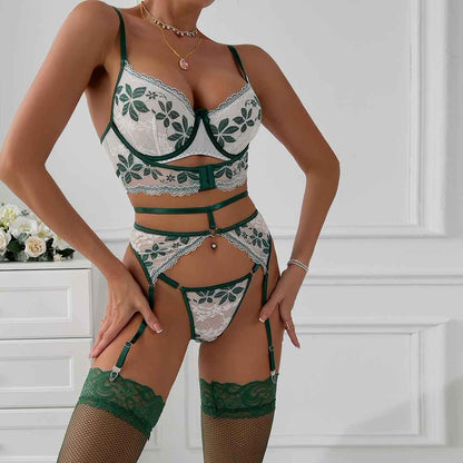 Emerald Bloom Embroidered Lingerie 4 Piece Set - lingerie &amp; underwear