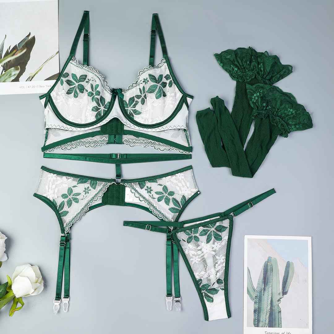 Emerald Bloom Embroidered Lingerie 4 Piece Set