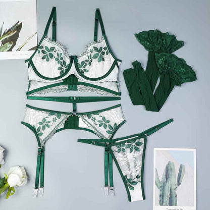 Emerald Bloom Embroidered Lingerie 4 Piece Set