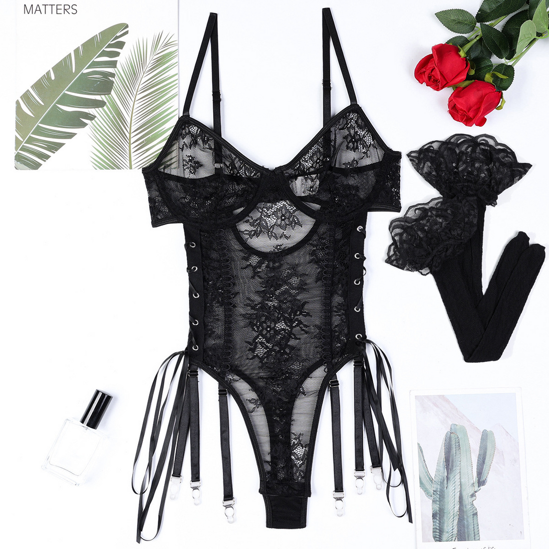 Vienna Lace-Up Sheer Lace 2 Piece Black Bodysuit