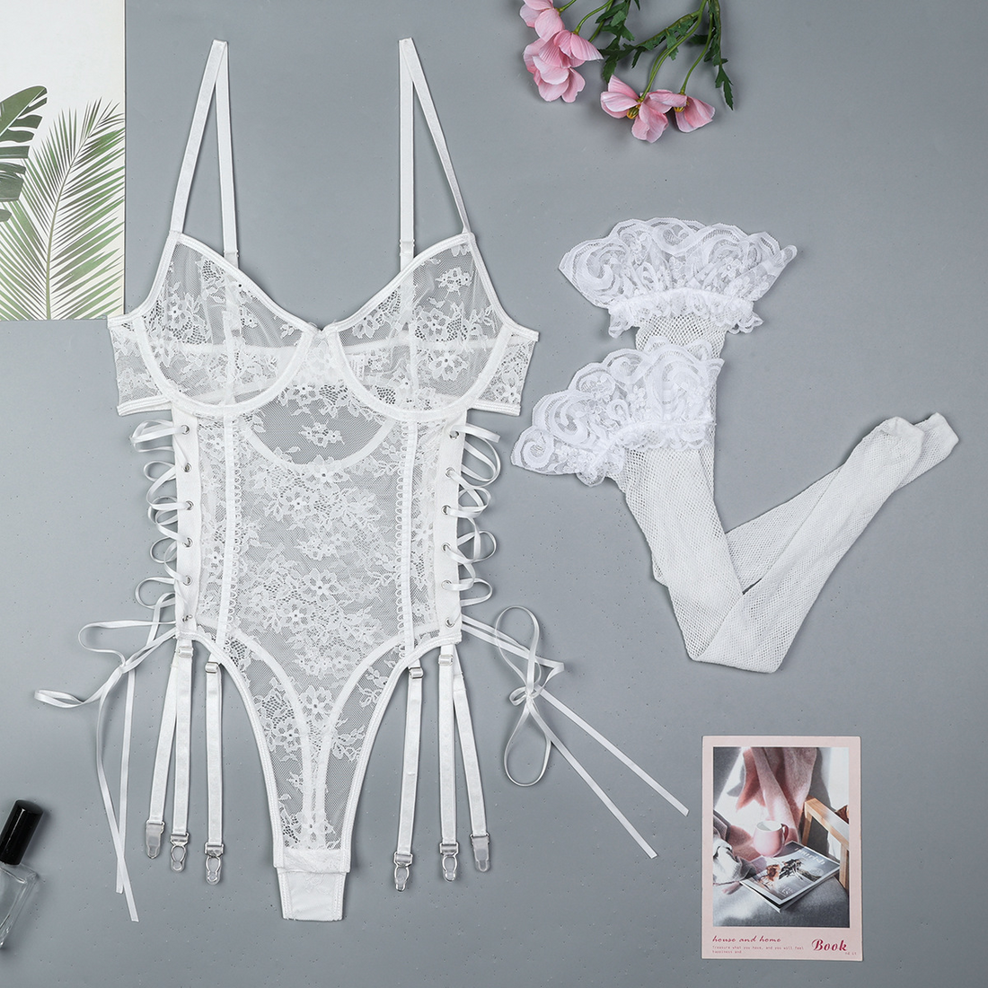 Vienna Lace-Up Sheer Lace 2 Piece White Bodysuit by Lingerie By Coco