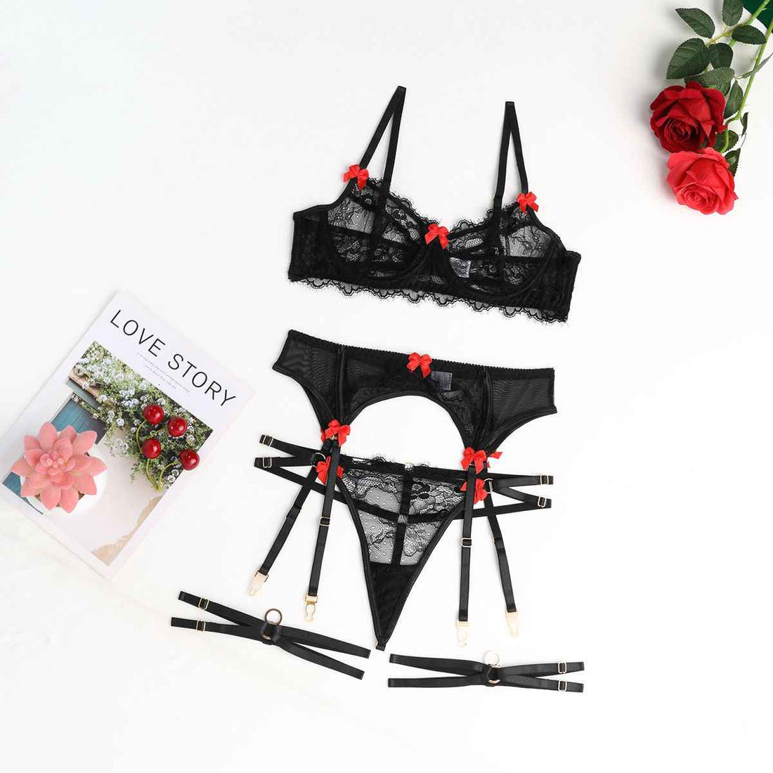 Tempting Bows Lace 4 Piece Lingerie Set - lingerie &amp; underwear