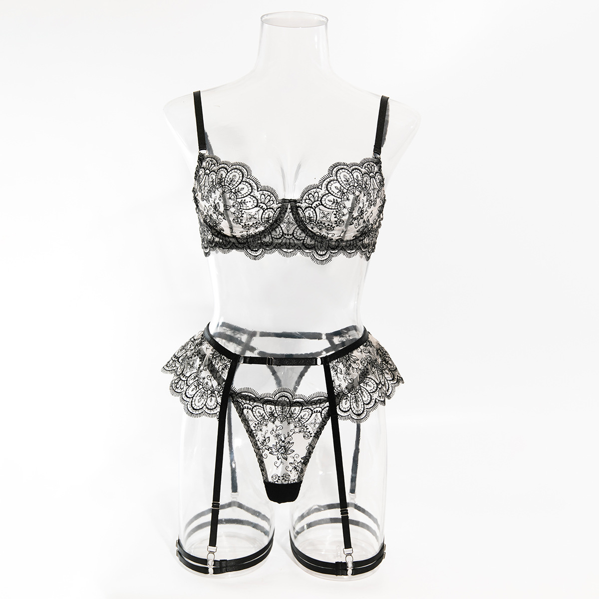 Carmen Lace Lingerie 4 Piece Set Black - DestGlow