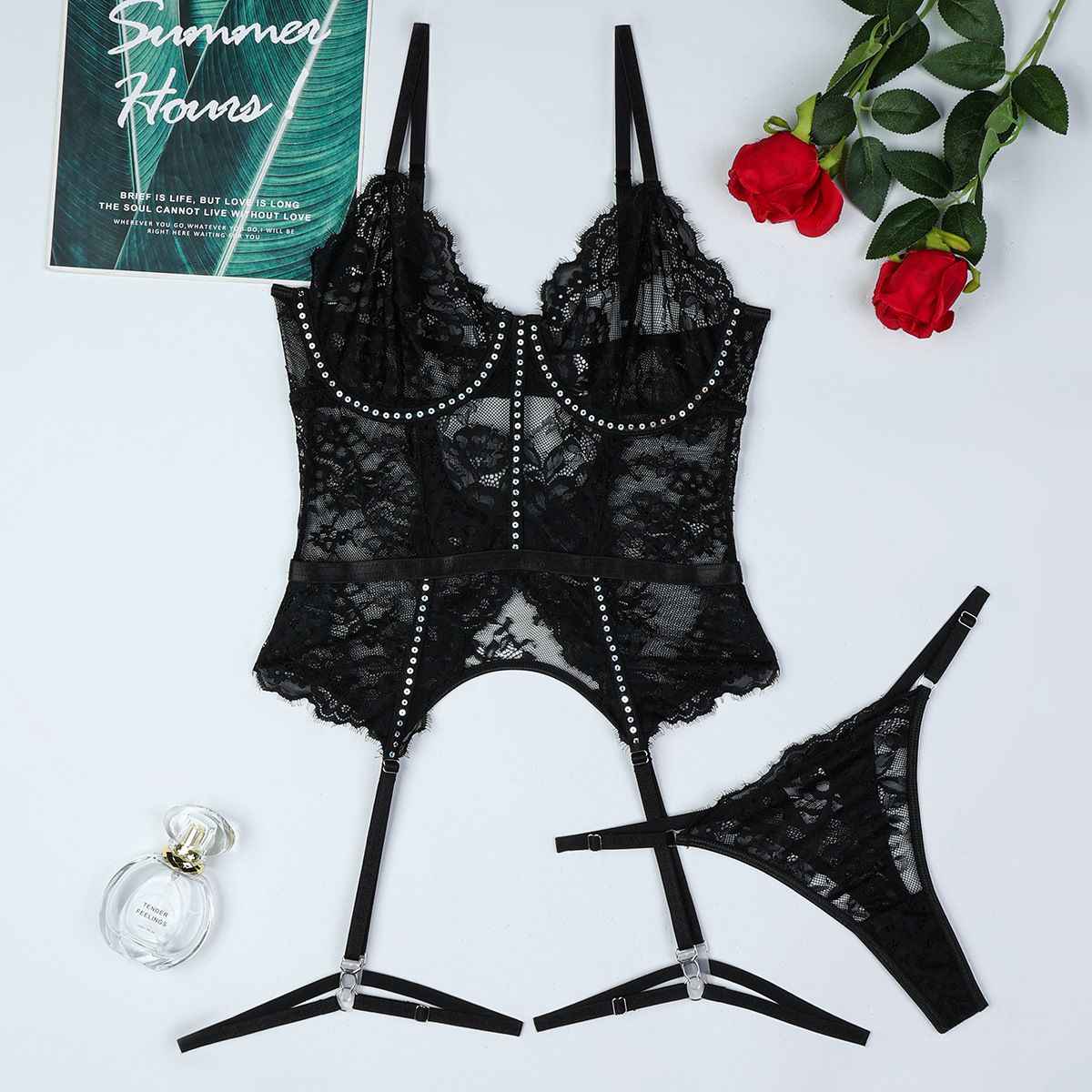 Midnight Radiance Rhinestone Lace Bodysuit - accessories