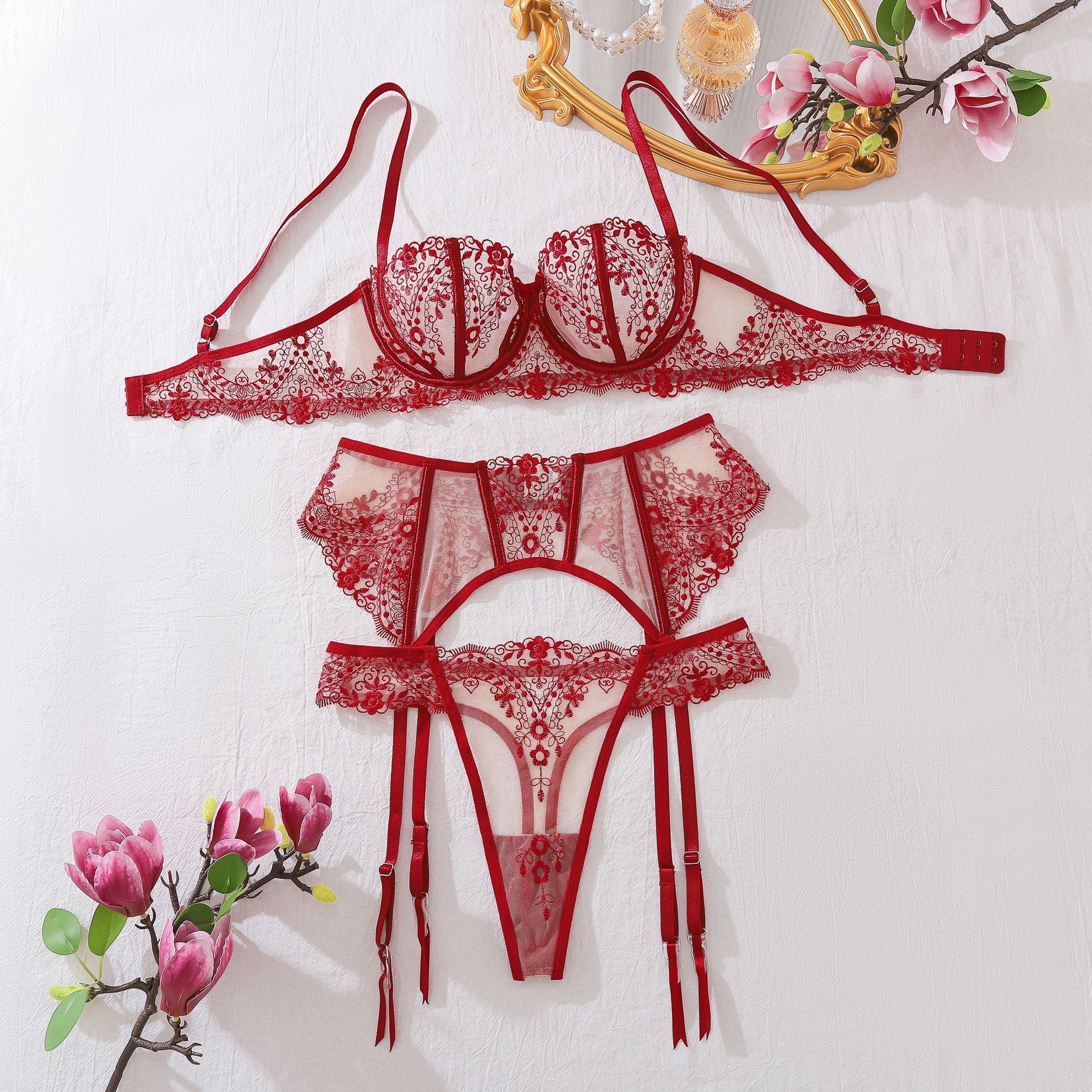 Dusk Petal Lingerie 3 Piece Embroidered Lace Set 