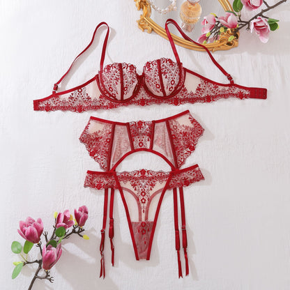 Dusk Petal Lingerie 3 Piece Embroidered Lace Set 