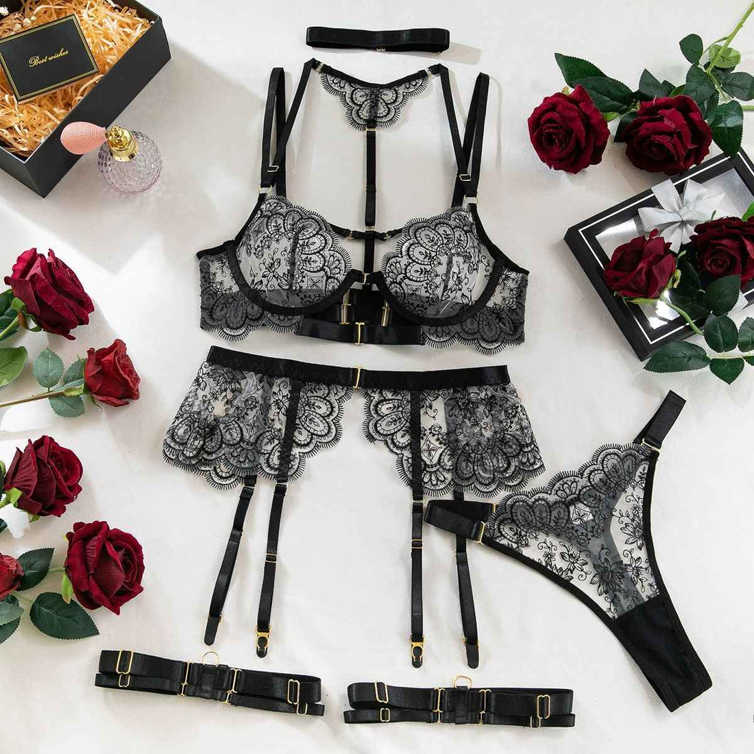 Enchanting Lace Harness 5 Piece Lingerie Set - lingerie &amp; underwear