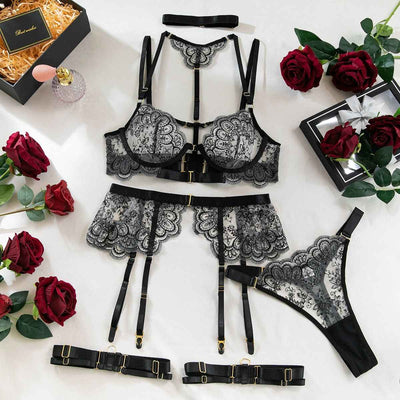 Enchanting Lace Harness 5 Piece Lingerie Set - lingerie & underwear