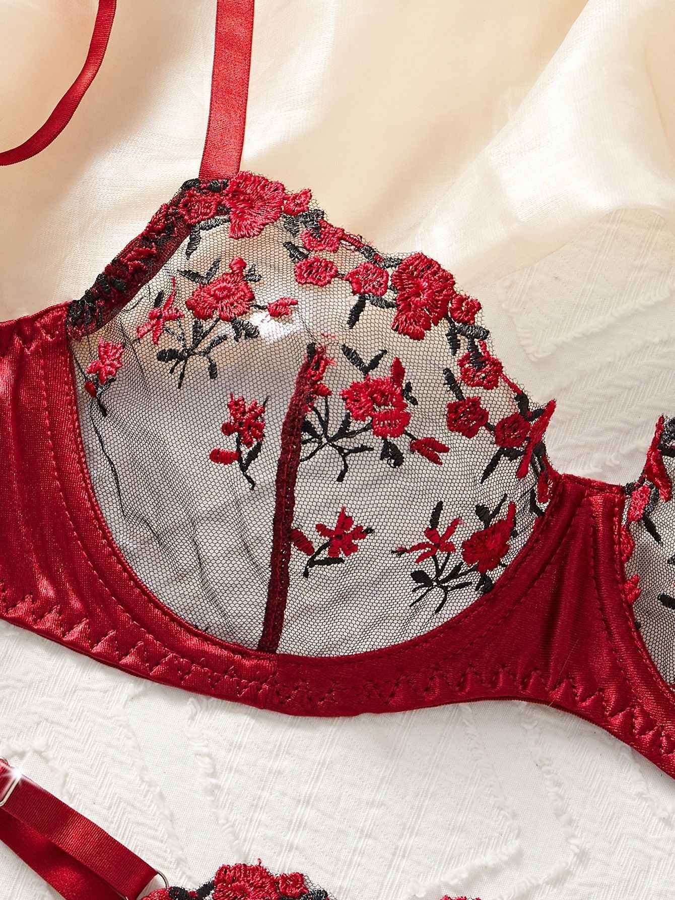 Rose Embroidered Lingerie 2 Piece Set