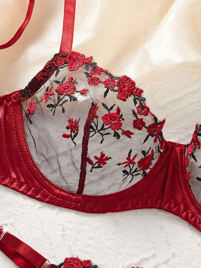 Rose Embroidered Lingerie 2 Piece Set