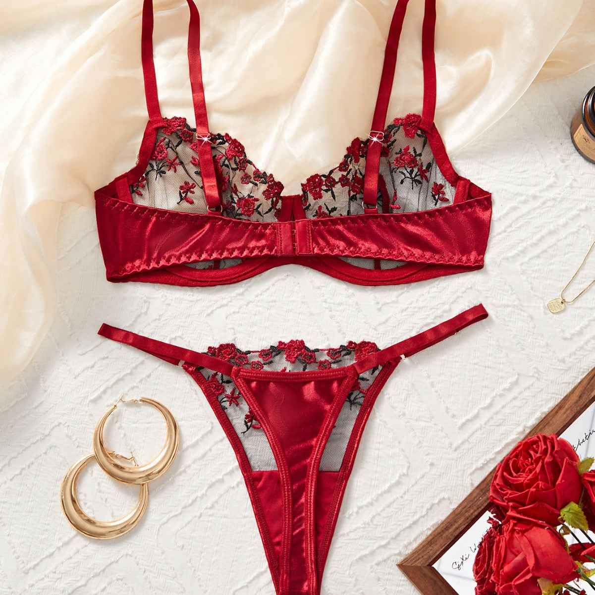 Rose Embroidered Lingerie 2 Piece Set