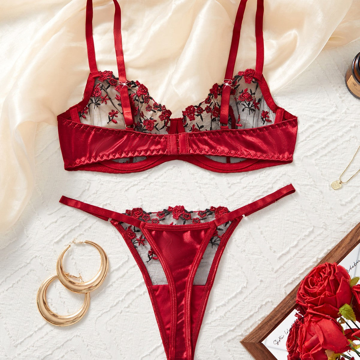 Rose Embroidered Lingerie 2 Piece Set by Lingerie By Coco