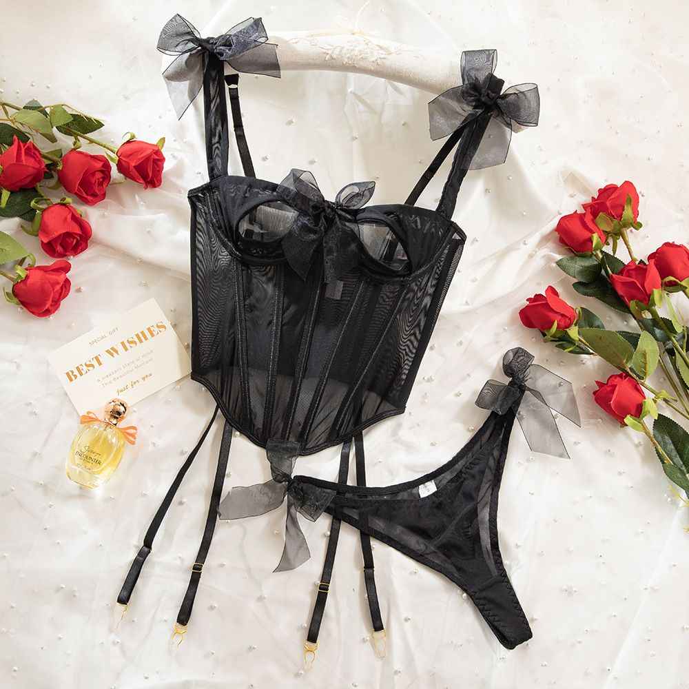 Midnight Tease Bow Corset 2 Piece Lingerie Set