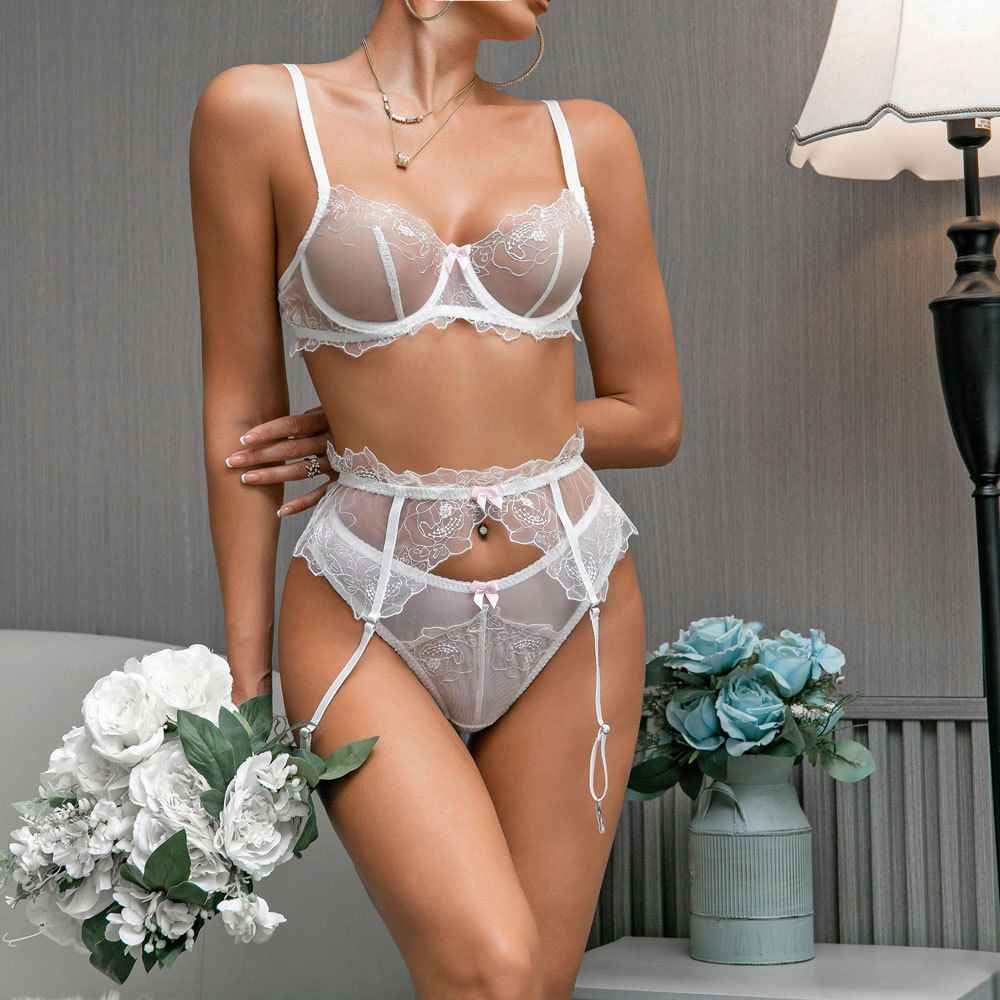 Moonlit Lace Embroidered 3 Piece Lingerie Set - lingerie &amp; underwear