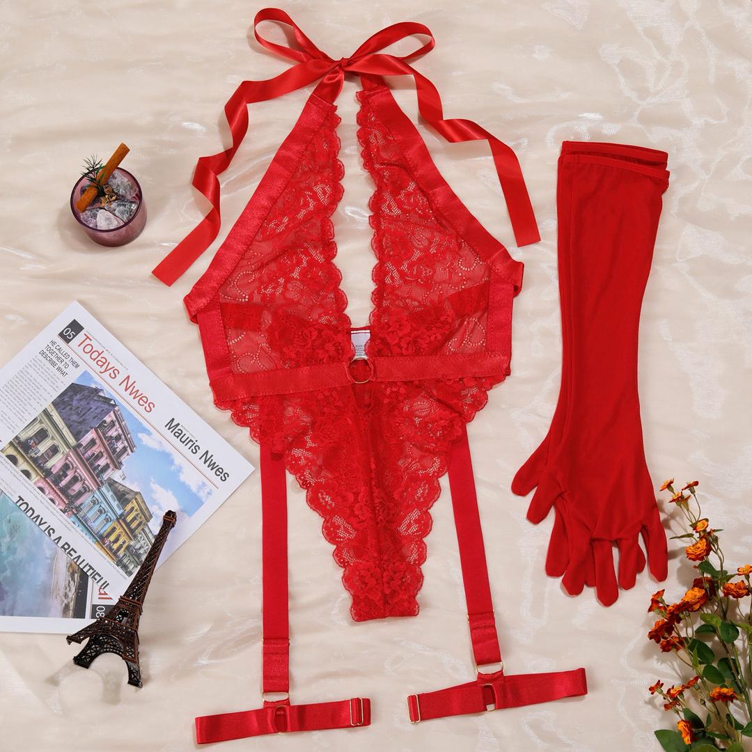 Crimson Desire Lace Teddy &amp; Glove Set by Lingerie By Coco