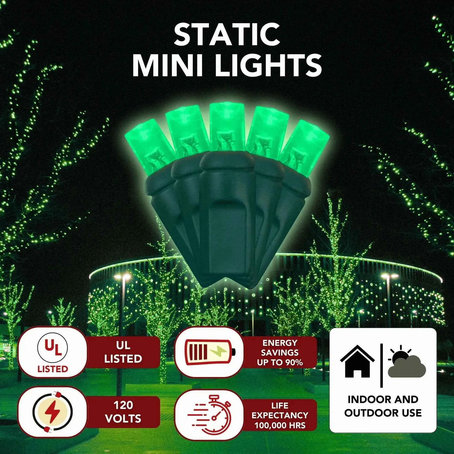 LED Mini Lights 5MM Green Static Green Wire - 6" Spacing