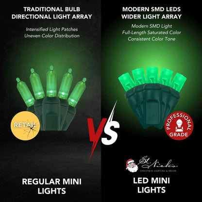 LED Mini Lights 5MM Green Static Green Wire - 6" Spacing