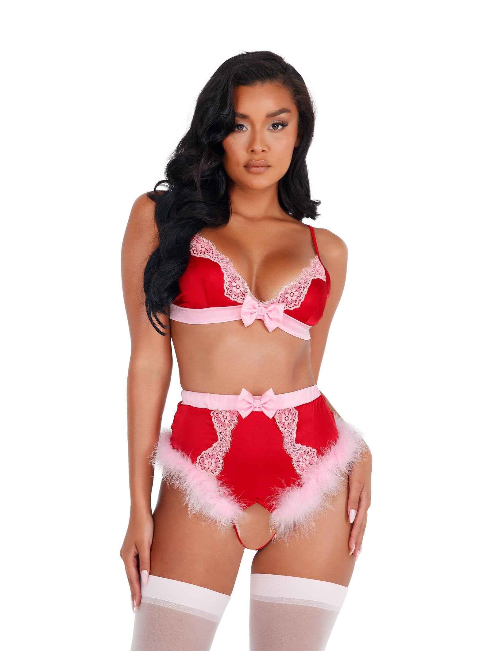 2pc Lace &amp; Satin Marabou Bra Set