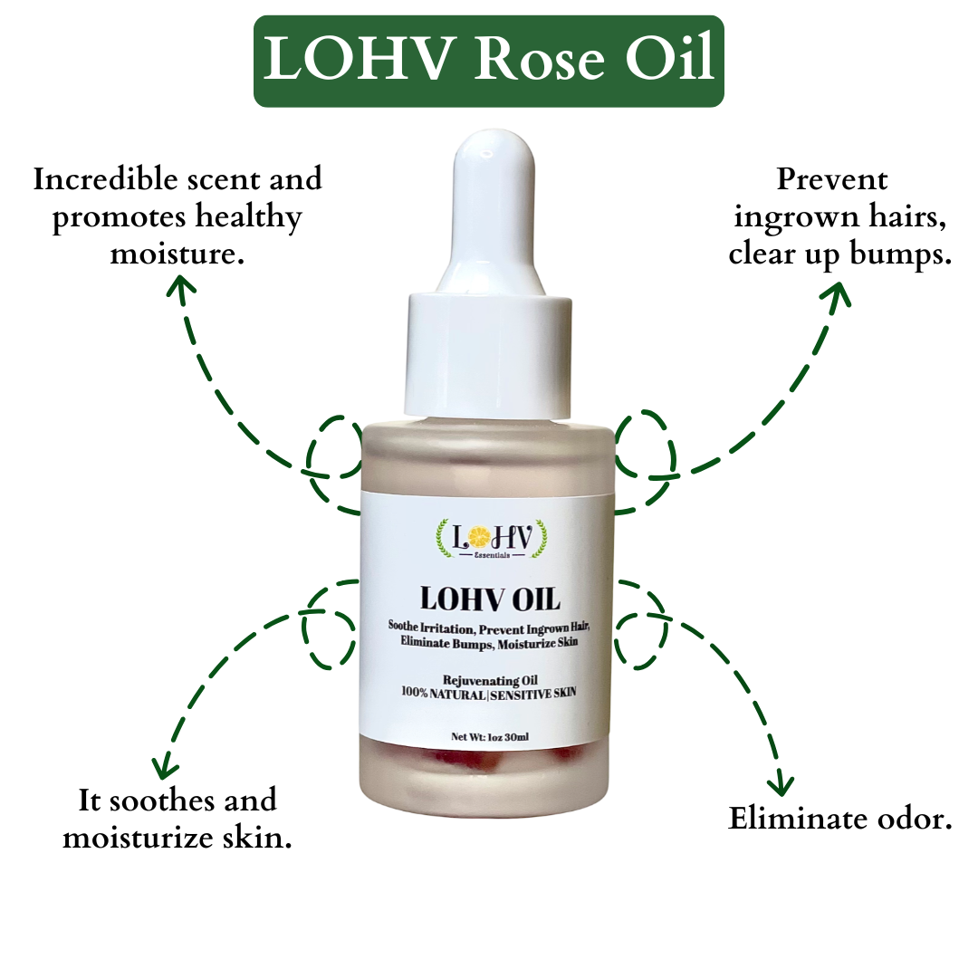 LOHV Multi-Purpose PREMIUM Rose Oil For Sensitive Skin. Clear Up Bumps, Ingrown Hairs On Face and Bikini Line, Soothes Irritation with Rosemary Oil + Vitamin E Oil + Grape Seed Oil + Sweet Almond Oil by LOHV ESSENTIALS