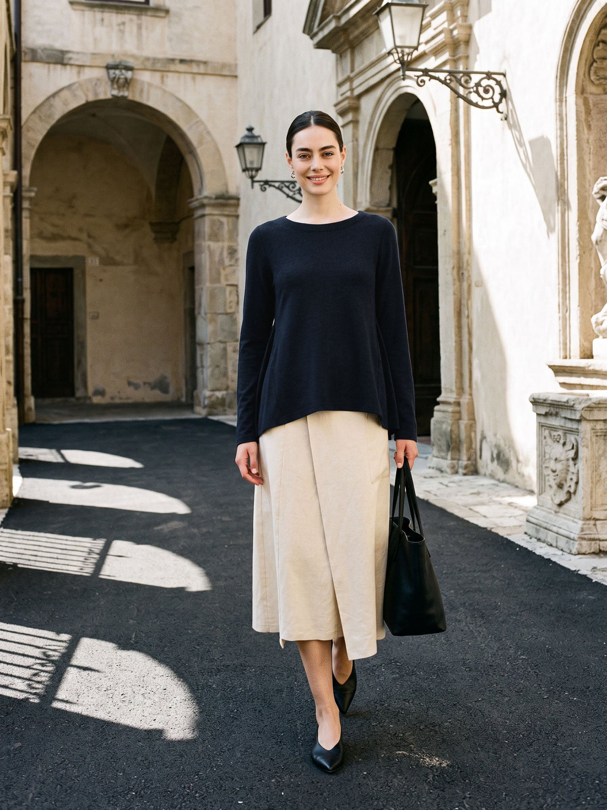 Wool Panelled Ruched Asymmetric Hem Top KALISTA