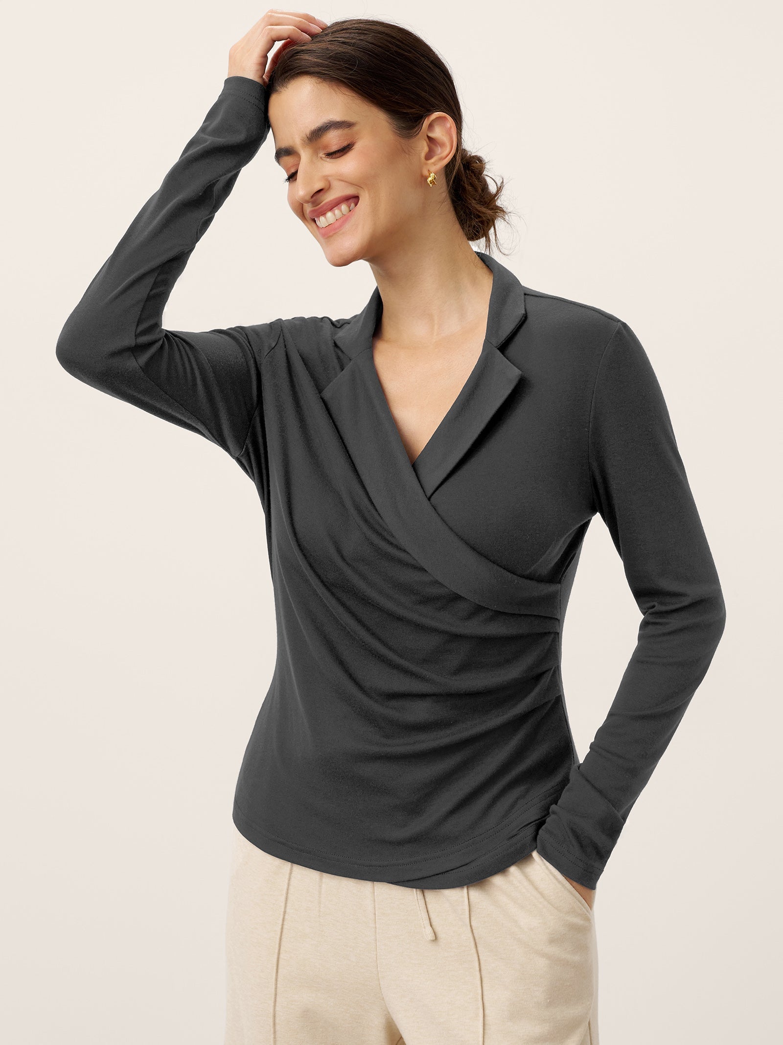 Wool Asymmetric Side Ruched Stretch Top BRIONY by LINTICO