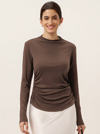 Wool Mock Neck Waist Pleat Top ISOLDE by LINTICO