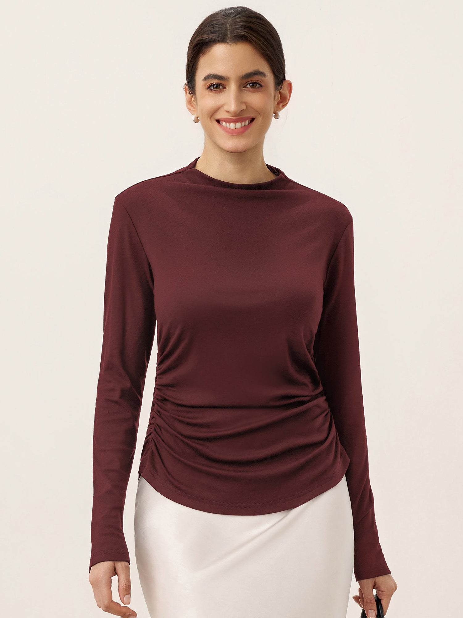 Wool Mock Neck Waist Pleat Top ISOLDE by LINTICO