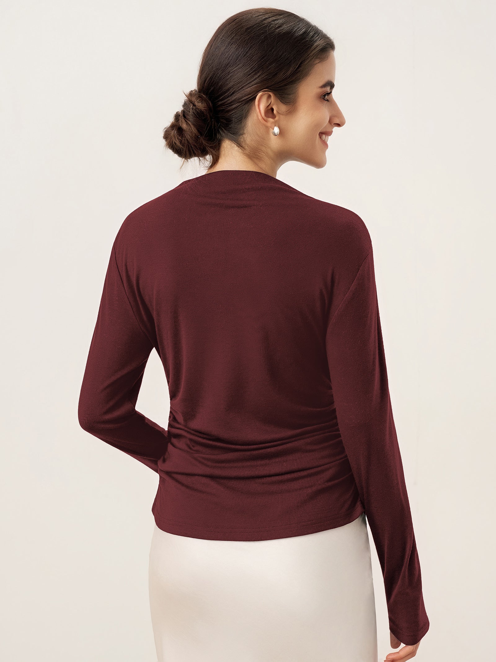 Wool Mock Neck Waist Pleat Top ISOLDE by LINTICO