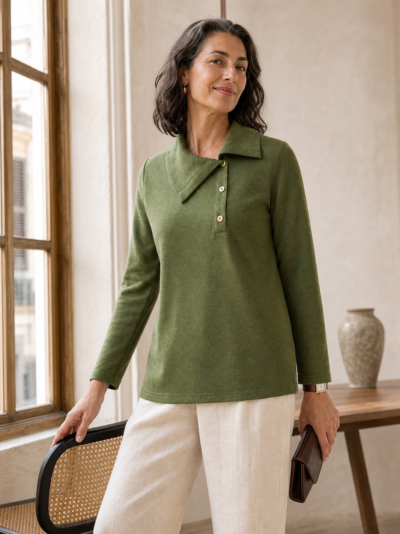 Wool Asymmetric Lapel Fruit Button Decor Top YSABEL