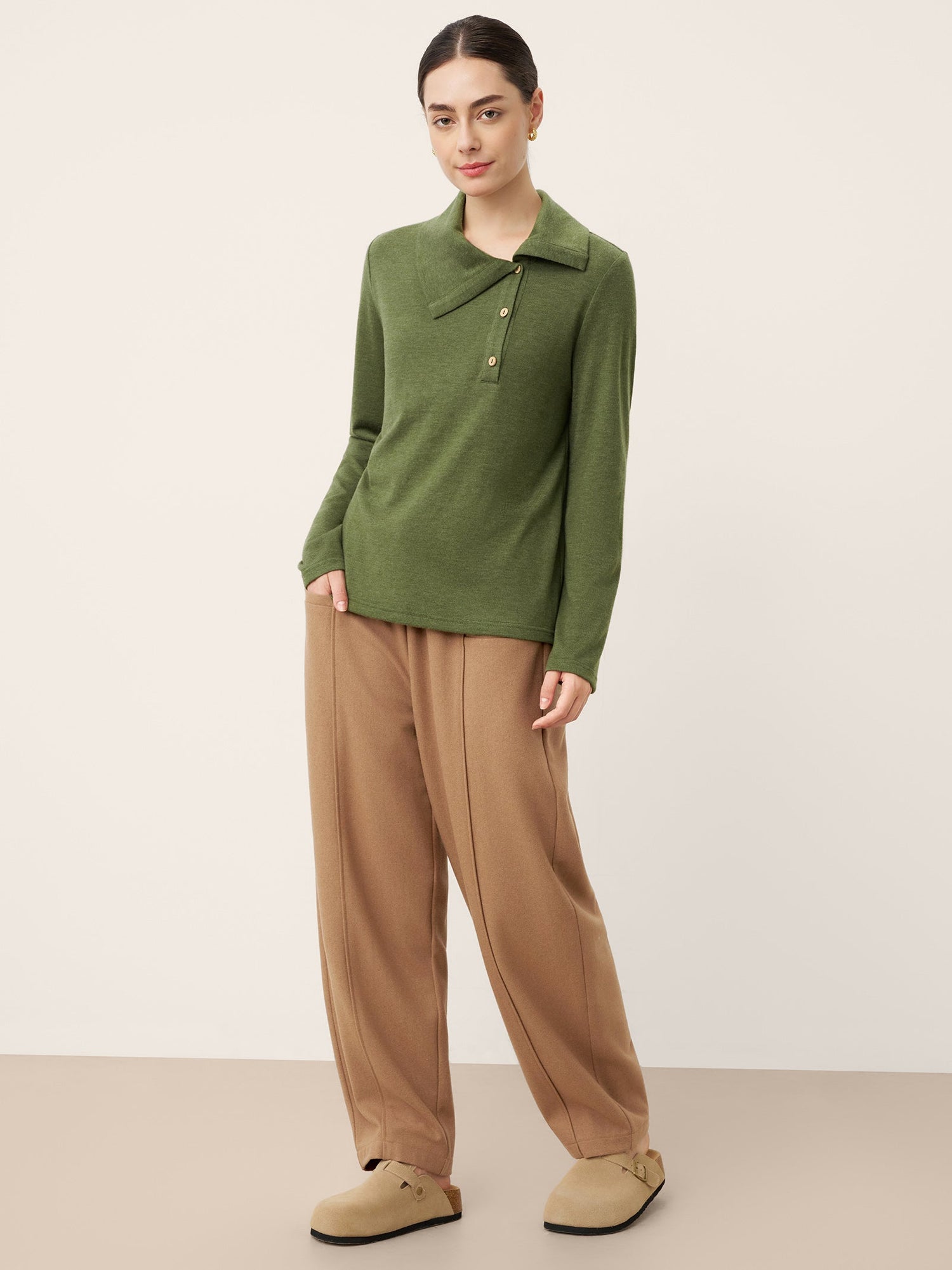 Wool Asymmetric Lapel Fruit Button Decor Top YSABEL by LINTICO